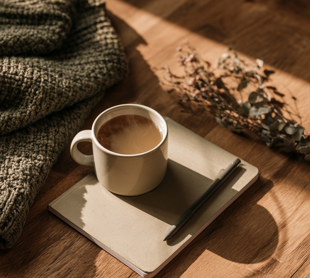 A calm, editorial flat-lay photograph shot from directly overhead on a warm wooden table, composed for a tall vertical frame. A soft knit blanket in the upper third, a plain white mug of tea with gentle steam and a small notebook with pen in the middle third, and generous open tabletop space in the lower third for text overlay. Soft natural window light from one side, gentle shadows, muted sage green and warm tan/khaki tones against a warm off-white surface. Minimal, uncluttered styling. No visible text, no logos, no people, no hands. Photographic, not illustrated — soft-focus lifestyle editorial style. Mood: quiet and restorative. 2:3 aspect ratio, vertical, 1000×1500px.